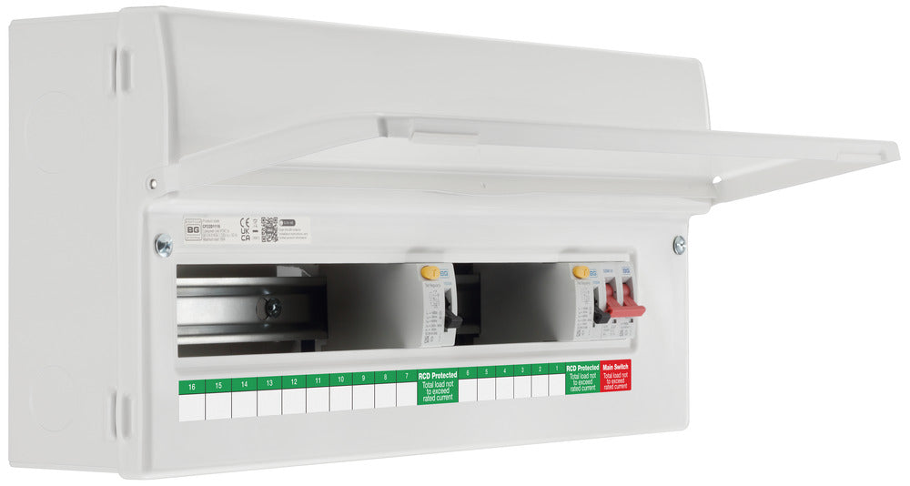 BG Fortress CF22D1116 22 Module 16 Way Unpopulated Dual RCD Consumer Unit with 100A Main Switch & 2x 100A Type A 30mA RCD