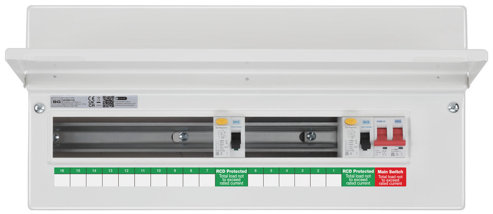 BG Fortress CF22D1116 22 Module 16 Way Unpopulated Dual RCD Consumer Unit with 100A Main Switch & 2x 100A Type A 30mA RCD