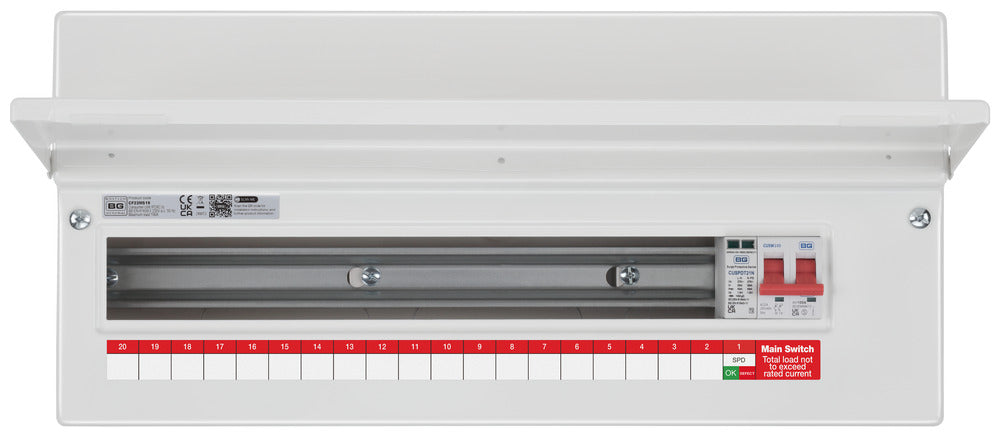 BG Fortress CF22MS19 22 Module 19 Way Unpopulated Metal Consumer Unit with 100A Main Switch & 1x SPD