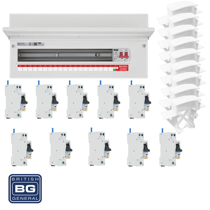 BG Fortress CF22MS19 22 Module 19 Way 100A Main Switch Consumer Unit with T2 SPD + 10 RCBOs & 9x CUA04 FREE Blanks