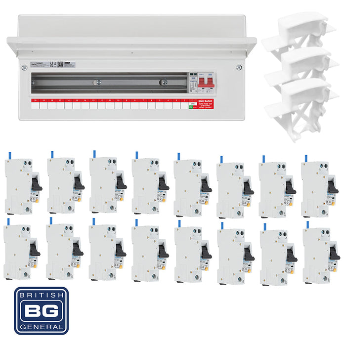 BG Fortress CF22MS19 22 Module 19 Way 100A Main Switch Consumer Unit with T2 SPD + 16 RCBOs & 3x CUA04 FREE Blanks