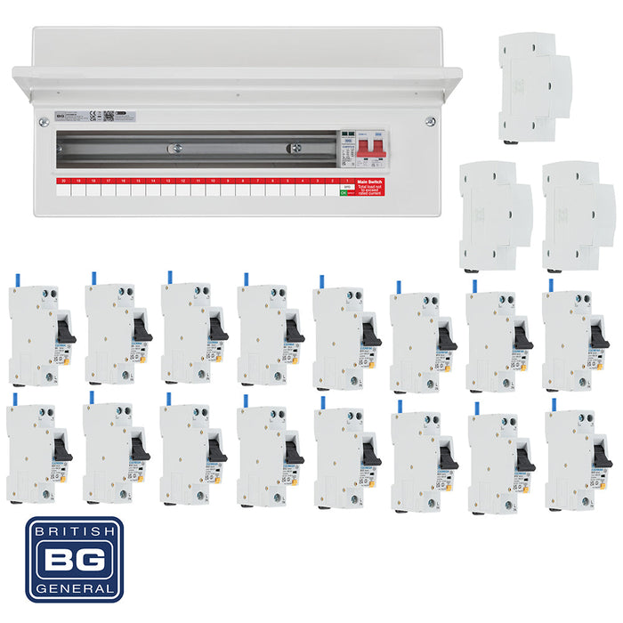 BG Fortress CF22MS19 22 Module 19 Way 100A Main Switch Consumer Unit with T2 SPD + 16 RCBOs & 3x CUA19 FREE Blanks