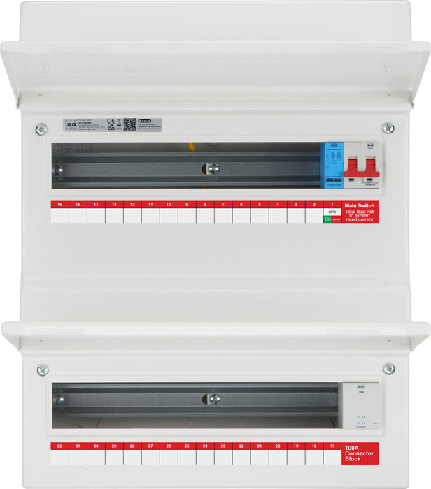 BG Fortress CF236MS31 36 Module 31 Way Unpopulated Metal Dual Row Consumer Unit with 100A Main Switch, 100A Terminal Block & 1x SPD - westbasedirect.com