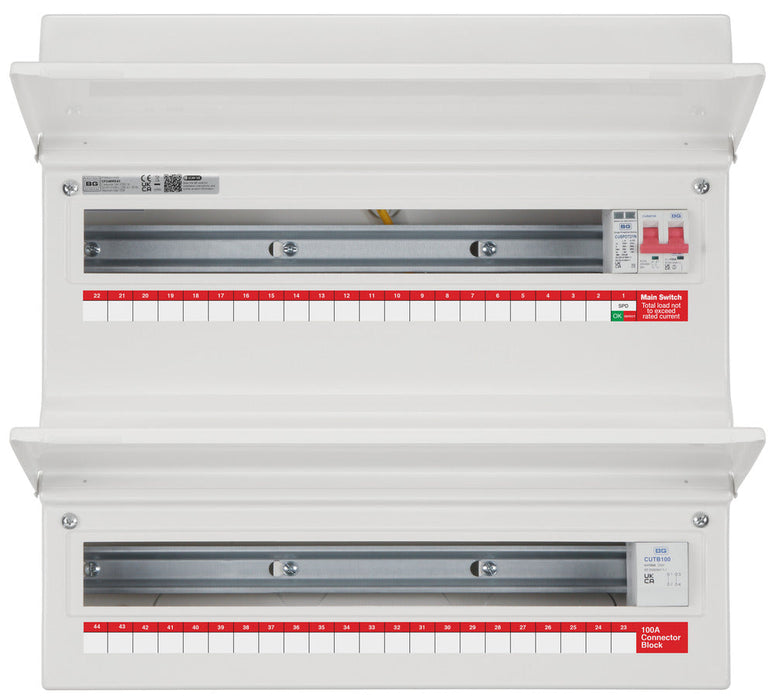 BG Fortress CF248MS43 48 Module 43 Way Unpopulated Metal Dual Row Consumer Unit with 100A Main Switch, 100A Terminal Block & 1x SPD - westbasedirect.com