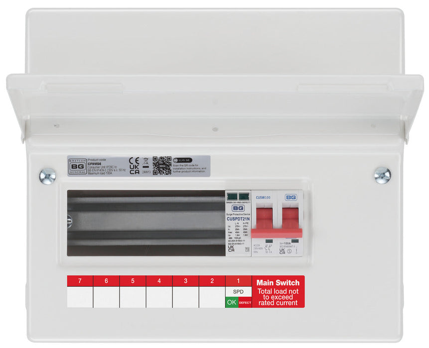 BG Fortress CF9MS6 9 Module 6 Way Unpopulated Metal Consumer Unit with 100A Main Switch & 1x SPD