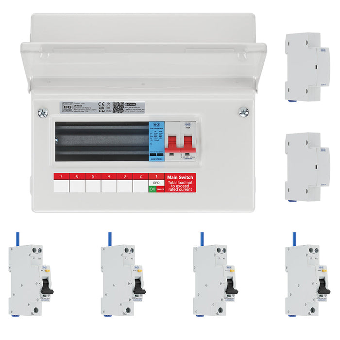 BG Fortress CF9MS6 9 Module 6 Way 100A Main Switch Consumer Unit with T2 SPD + 4 Bi-Directional DP RCBOs & 2x CUA19 FREE Blank