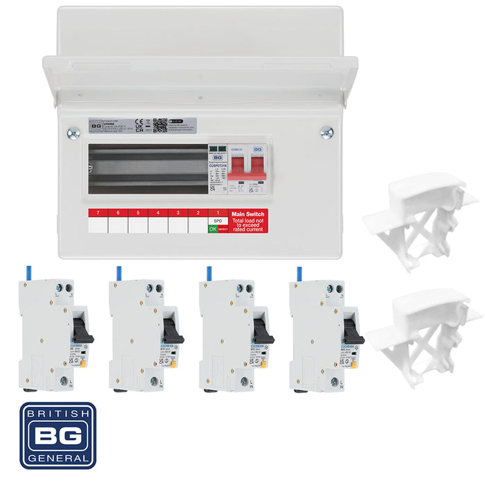 BG Fortress CF9MS6 9 Module 6 Way 100A Main Switch Consumer Unit with T2 SPD + 4 RCBOs & 2x CUA04 FREE Blank