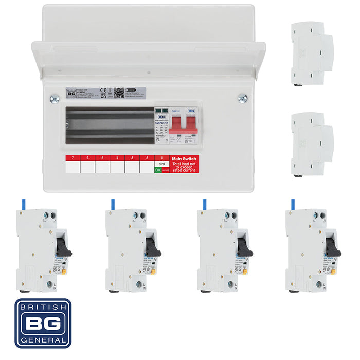 BG Fortress CF9MS6 9 Module 6 Way 100A Main Switch Consumer Unit with T2 SPD + 4 RCBOs & 2x CUA19 FREE Blank