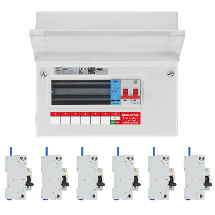 BG Fortress CF9MS6 9 Module 6 Way 100A Main Switch Consumer Unit with T2 SPD + 6 Bi-Directional DP RCBOs