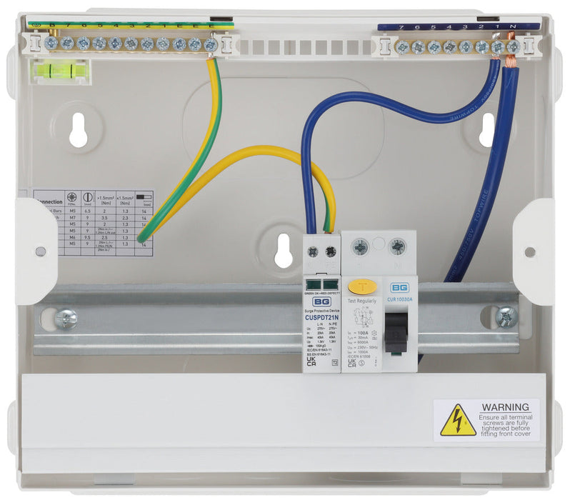 BG Fortress CF9R1S6 9 Module 6 Way Unpopulated RCD Incomer Consumer Unit with 1x 100A Type A 30mA RCD & 1x SPD