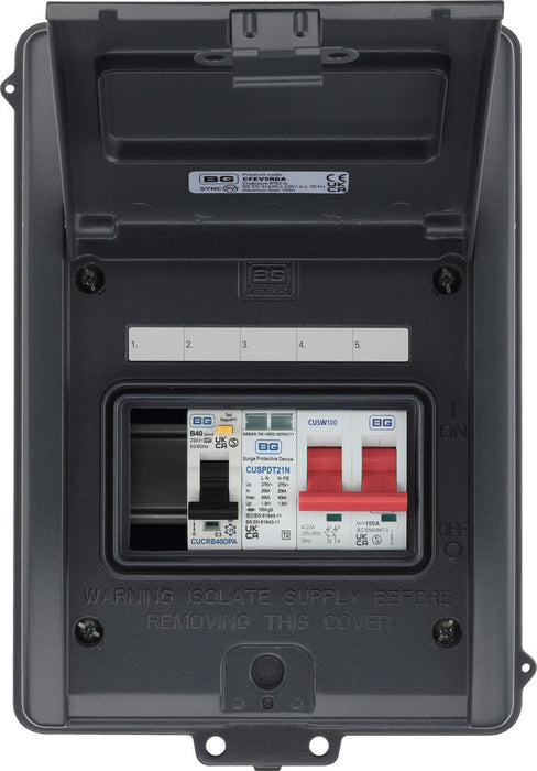 BG CFEV5RDA 5 Module IP65 Weatherproof Grey Metal EV Charger Circuit Protection with 40A Type A DP RCBO, 100A Main Switch & Type 2 SPD - westbasedirect.com