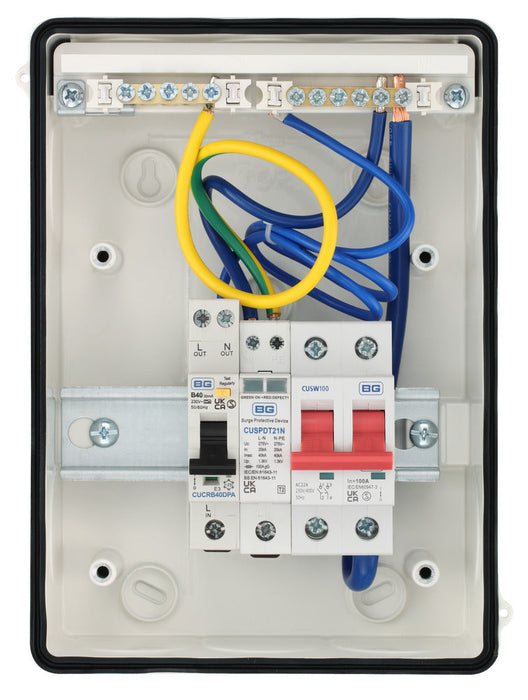 BG CFEV5RDAW 5 Module IP65 Weatherproof White Metal EV Charger Circuit Protection with 40A Type A DP RCBO, 100A Main Switch & Type 2 SPD - westbasedirect.com