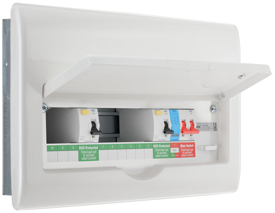 BG Fortress CFF16D11S9 16 Module 9 Way Unpopulated Fully Recessed Dual RCD Consumer Unit with 100A Main Switch, 2x 100A Type A 30mA RCD & 1x SPD