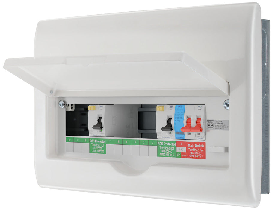 BG Fortress CFF16D11S9 16 Module 9 Way Unpopulated Fully Recessed Dual RCD Consumer Unit with 100A Main Switch, 2x 100A Type A 30mA RCD & 1x SPD