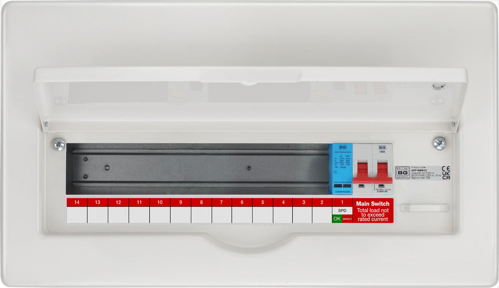 BG Fortress CFF16MS13 16 Module 13 Way Unpopulated Fully Recessed Metal Consumer Unit with 100A Main Switch & 1x SPD
