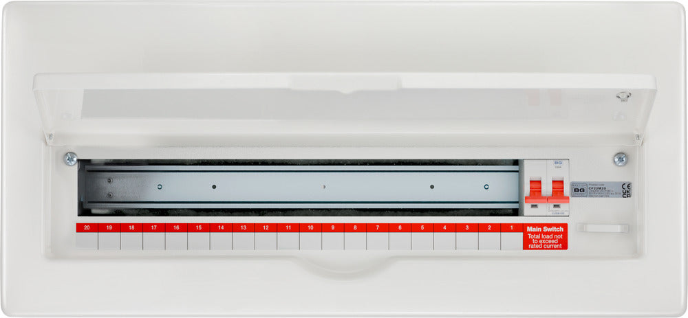 BG Fortress CFF22M20 22 Module 20 Way Unpopulated Fully Recessed Metal Consumer Unit with 100A Main Switch