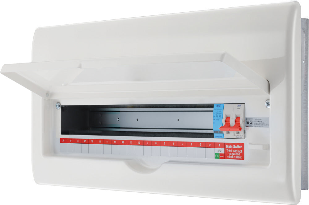 BG Fortress CFF22MS19 22 Module 19 Way Unpopulated Fully Recessed Metal Consumer Unit with 100A Main Switch & 1x SPD