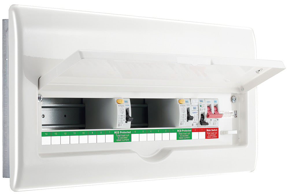 BG Fortress CFFD1000014ASPD 14 Way Metal Unpopulated Fully Recessed Consumer Unit with 100A Main Switch, 2x 100A 30mA Type A RCD & 1x SPD - westbasedirect.com