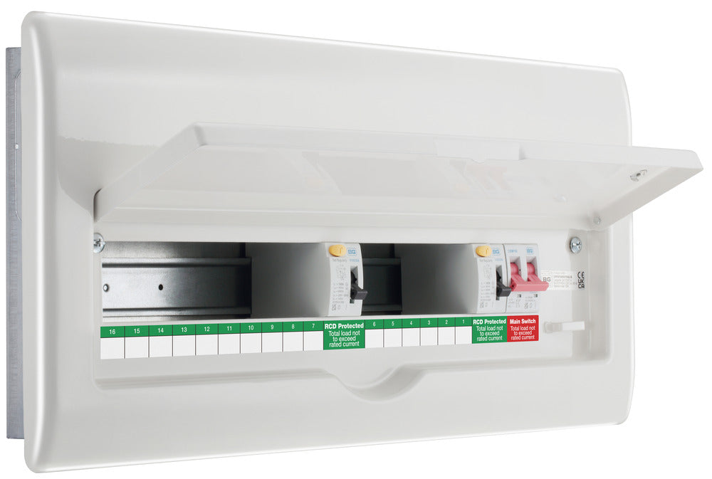 BG CFFD1000016A 22 Module 16 Way Fully Recessed Unpopulated + 100A Switch, 2x100A Type A 30mA RCD - westbasedirect.com