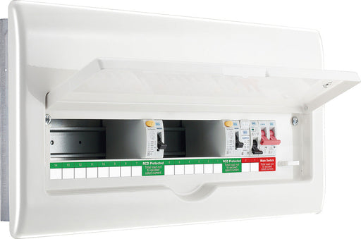 BG Fortress CFFD8814ASPD 14 Way Metal Unpopulated Fully Recessed Consumer Unit with 100A Main Switch, 2x 80A 30mA Type A RCD & 1x SPD - westbasedirect.com