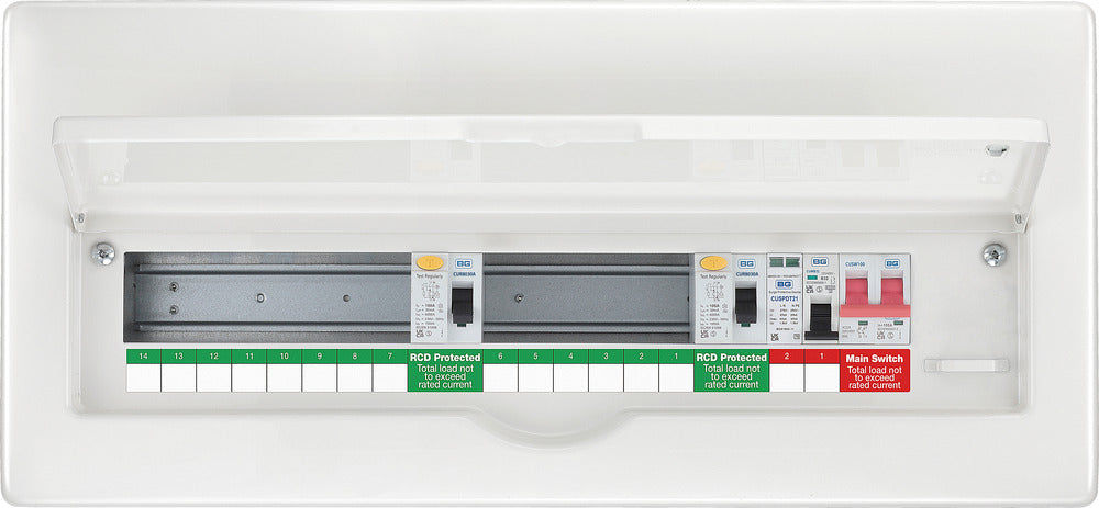 BG Fortress CFFD8814ASPD 14 Way Metal Unpopulated Fully Recessed Consumer Unit with 100A Main Switch, 2x 80A 30mA Type A RCD & 1x SPD - westbasedirect.com