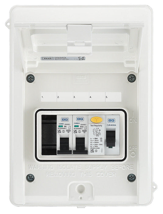 BG CFGAR1A Garage Kit - IP65 Metal Enclosure, 40A Type A 30mA RCD, 6+32A MCB - westbasedirect.com