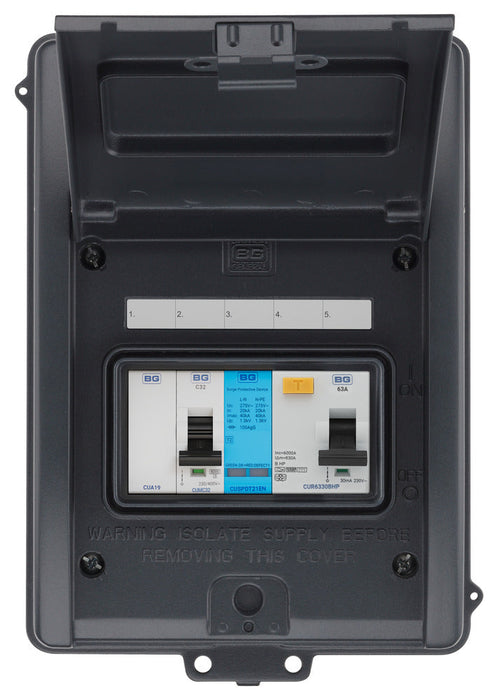 BG Fortress CFO5HP1G 5 Module 2 Way IP65 Populated Heat Pump Consumer Unit with 1x 63A Type B 30mA RCD, 1x SPD & 1x 32A C Curve MCB