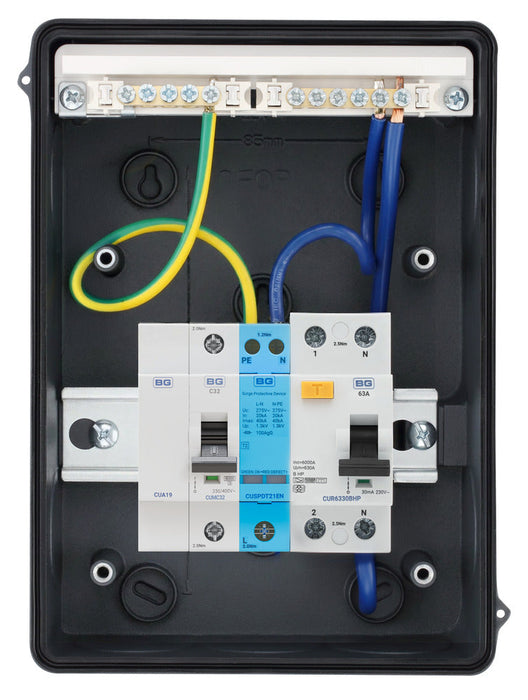 BG Fortress CFO5HP1G 5 Module 2 Way IP65 Populated Heat Pump Consumer Unit with 1x 63A Type B 30mA RCD, 1x SPD & 1x 32A C Curve MCB