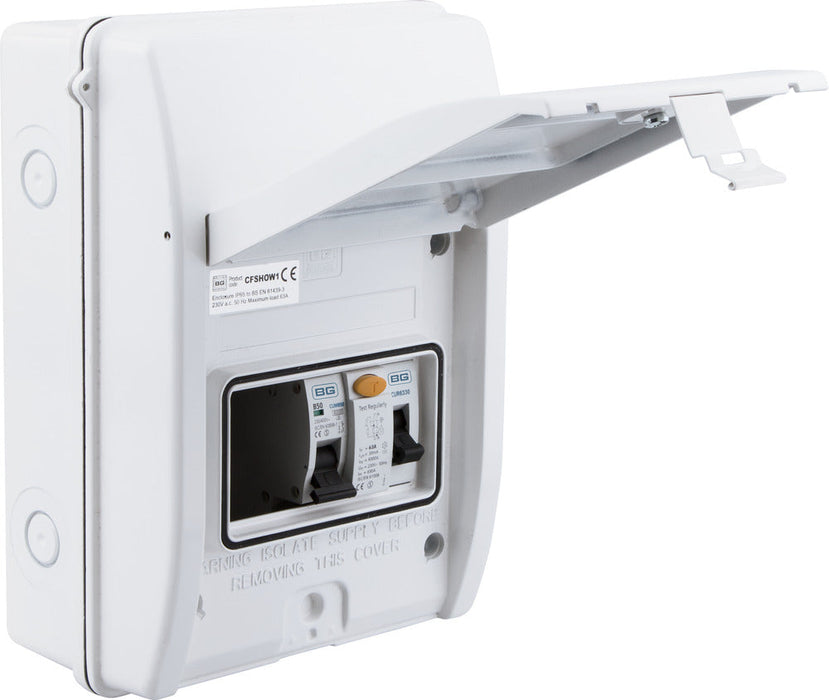 BG CFSHOW1 Shower Kit - IP65 Metal Enclosure, 63A 30mA RCD, 50A MCB - westbasedirect.com