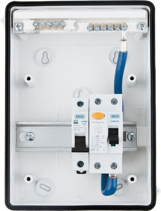 BG CFSHOW1 Shower Kit - IP65 Metal Enclosure, 63A 30mA RCD, 50A MCB - westbasedirect.com