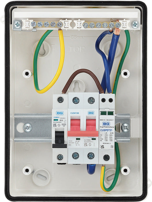 BG Fortress CFSPDE02 IP65 Metal Enclosure 5 Way Populated with 100A Main Switch, 1xSPD+1x 32A MCB - westbasedirect.com