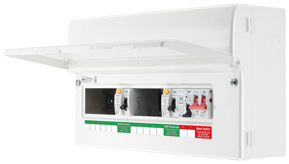 BG Fortress CFUD1000011ASPD 11 Way Metal Unpopulated Consumer Unit with 100A Main Switch, 2x 100A 30mA Type A RCD & 1x SPD - westbasedirect.com