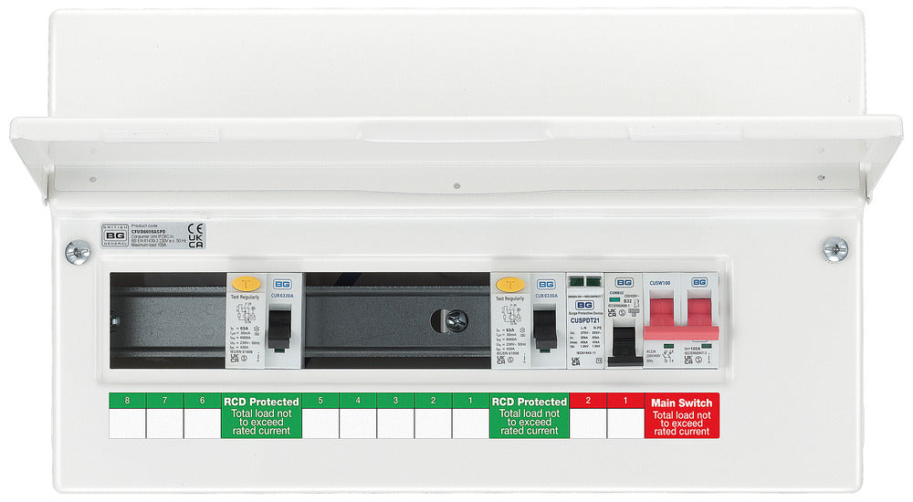 BG CFUD6608ASPD 16 Module 8 Way Unpopulated + 100A Switch, 2x63A Type A RCD, 1xSPD & 1x32A MCB - westbasedirect.com