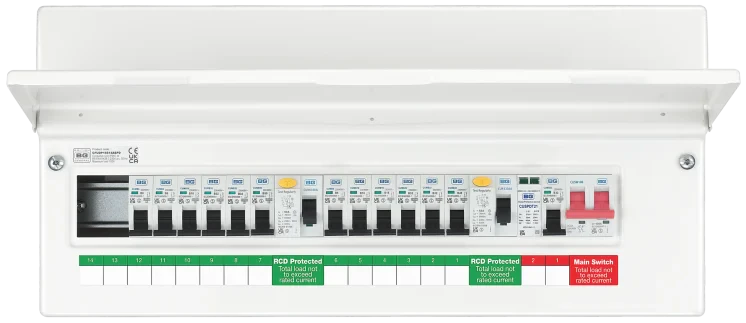 BG CFUDP16614ASPD 22 Module 14 Way Populated + 100A Switch, 2x63A Type A 30mA RCD, SPD, 32A MCB & 12xMCBs - westbasedirect.com