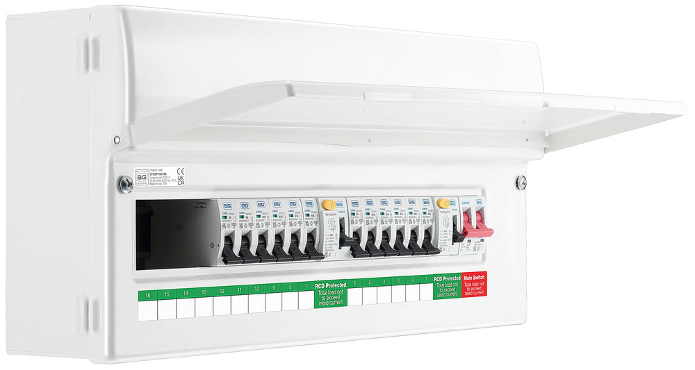 BG CFUDP16616A BG 22 Module 16 Way Populated + 100A Switch, 2x63A Type A 30mA RCD & 12xMCBs - westbasedirect.com