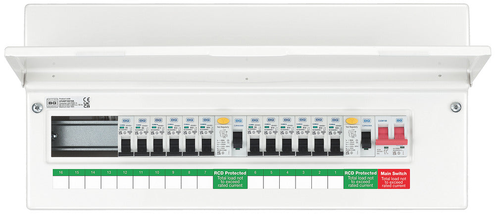 BG CFUDP16616A BG 22 Module 16 Way Populated + 100A Switch, 2x63A Type A 30mA RCD & 12xMCBs - westbasedirect.com