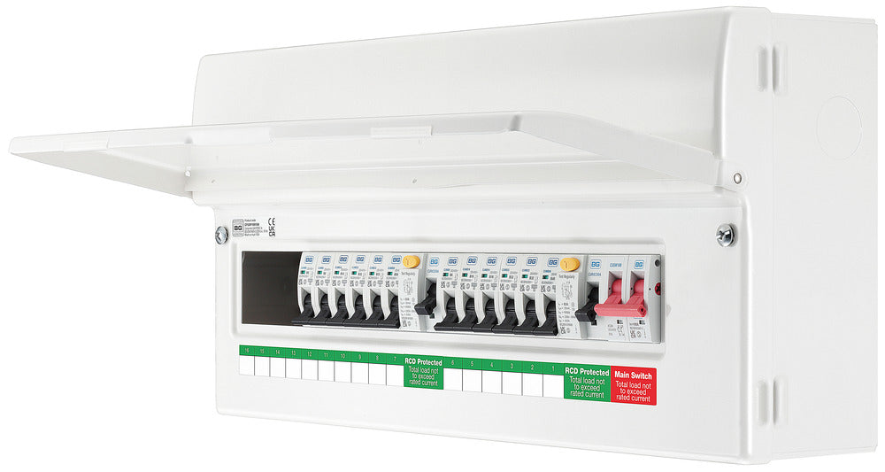 BG CFUDP16616A BG 22 Module 16 Way Populated + 100A Switch, 2x63A Type A 30mA RCD & 12xMCBs - westbasedirect.com