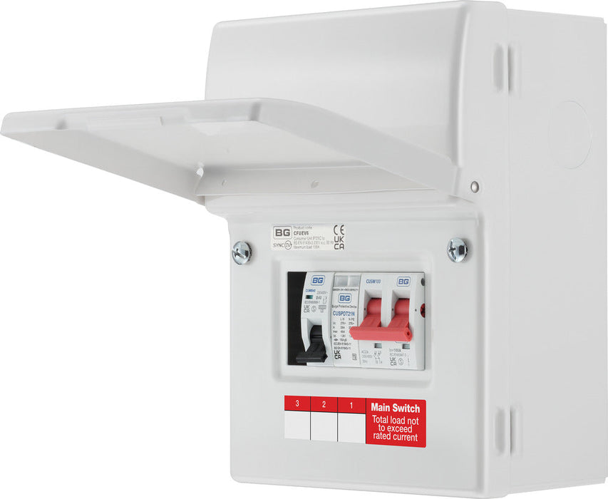 BG CFUEV6 5 Module IP20 Metal Metal EV Charger Circuit Protection with 100A Main Switch, 40A B Curve MCB & Type 2 SPD - westbasedirect.com