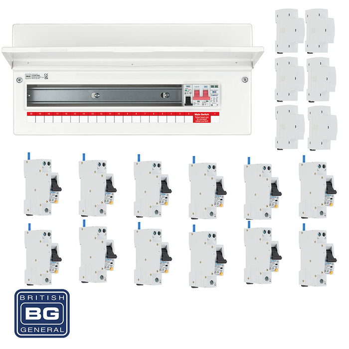 BG Fortress CFUSW18SPD 22 Module 18 Way 100A Main Switch Consumer Unit with T2 SPD + 12 RCBOs & 6x CUA19 FREE Blanks - westbasedirect.com