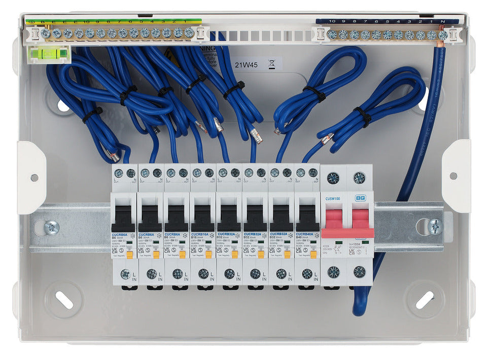 BG CFUSWP810A 12 Module 10 Way Metal Populated Consumer Unit + 100A Main Switch, 8x Type A RCBOs - westbasedirect.com