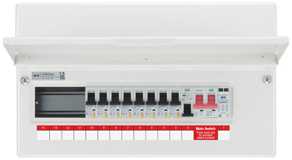 BG CFUSWP812ASPD 12 Way Consumer Unit + 100A Main Switch, 8 Type A RCBOS, SPD & 32A MCB - westbasedirect.com