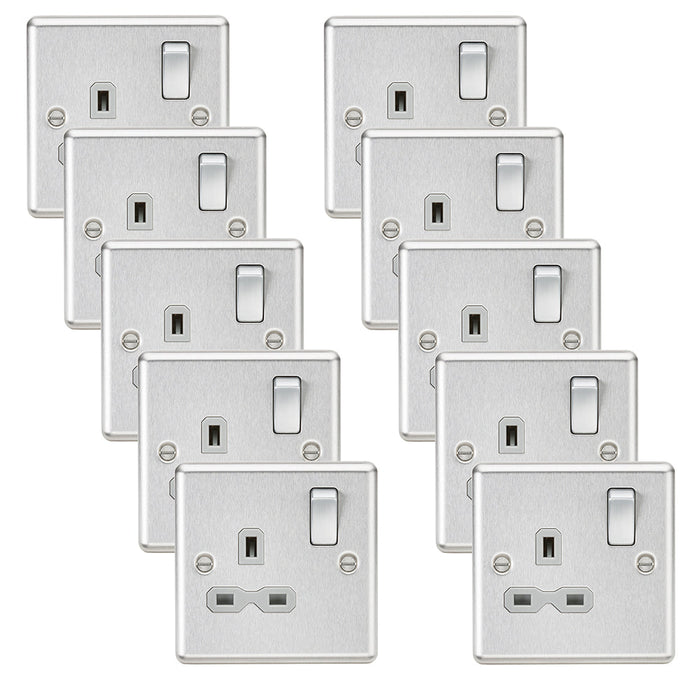 Knightsbridge CL7BCGx10 Rounded Edge 13A 1G DP Switched Socket - Brushed Chrome + Grey Insert (10 Pack)