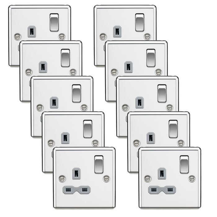 Knightsbridge CL7PCGx10 Rounded Edge 13A 1G DP Switched Socket - Polished Chrome + Grey Insert (10 Pack)