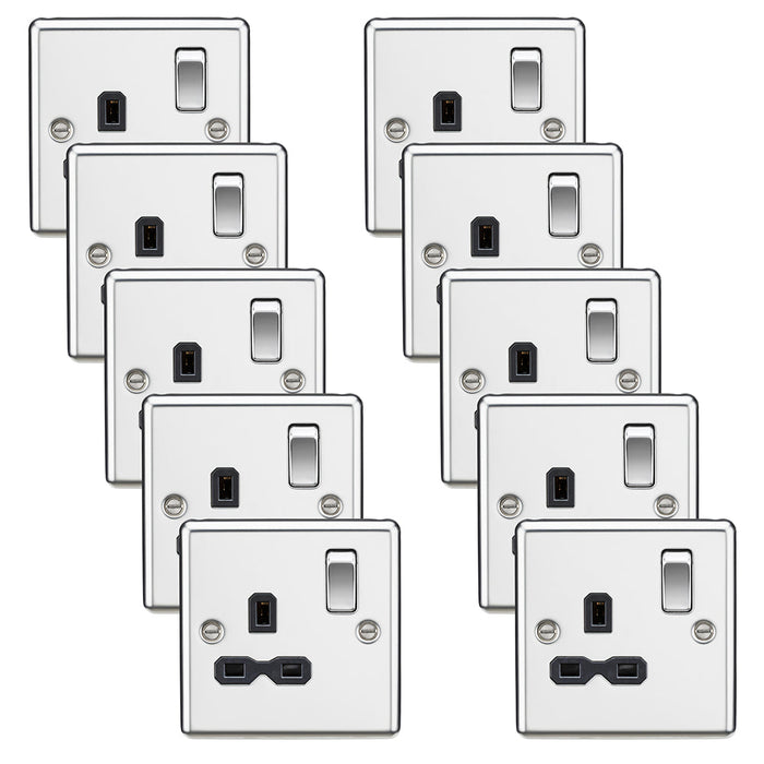 Knightsbridge CL7PCx10 Rounded Edge 13A 1G DP Switched Socket - Polished Chrome + Black Insert (10 Pack)