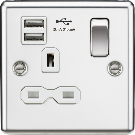 Knightsbridge CL91PCW Rounded Edge 13A 1G Switch Socket +2xUSB 2.1A - Polished Chrome + White Insert - westbasedirect.com