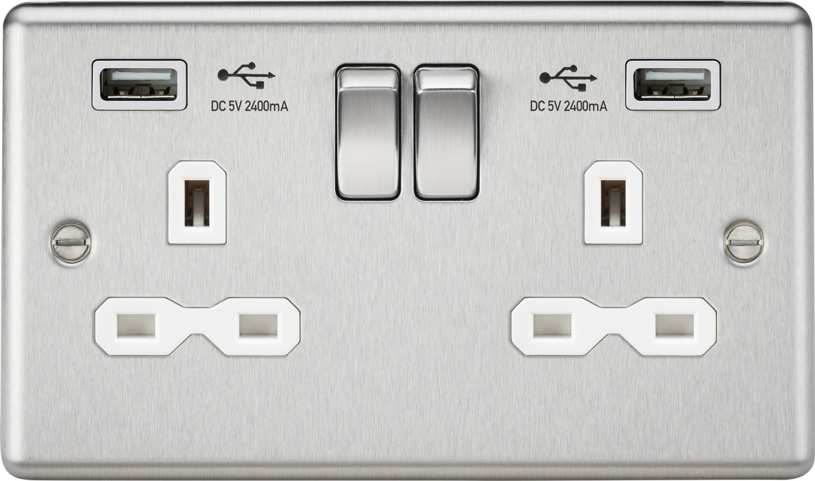 Knightsbridge CL9224BCW Rounded Edge 13A 2G Switch Socket +2xUSB 2.4A - Brushed Chrome + White Insert - westbasedirect.com