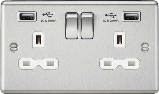 Knightsbridge CL9224BCW Rounded Edge 13A 2G Switch Socket +2xUSB 2.4A - Brushed Chrome + White Insert - westbasedirect.com