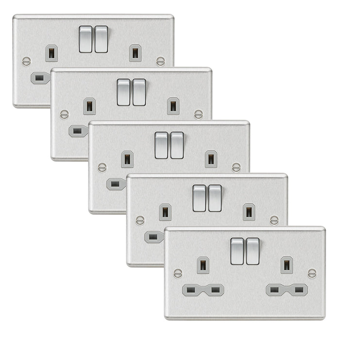 Knightsbridge CL9BCGx5 Rounded Edge 13A 2G DP Switched Socket - Brushed Chrome + Grey Insert (5 Pack)