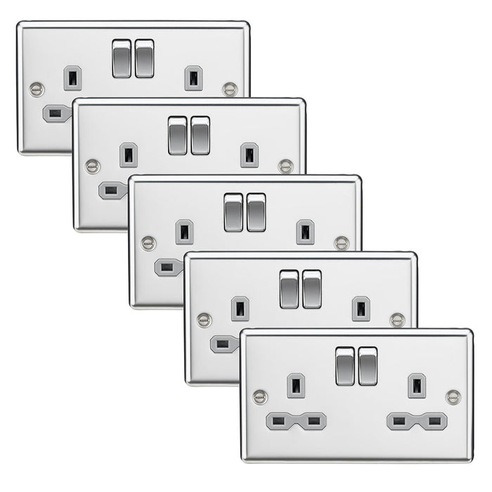 Knightsbridge CL9PCGx5 Rounded Edge 13A 2G DP Switched Socket - Polished Chrome + Grey Insert (5 Pack)
