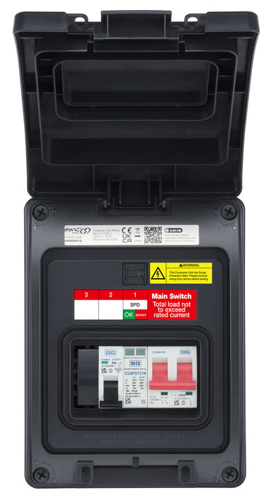 BG CP5MPS1G 5 Module IP66 Weatherproof Grey Plastic EV Charger Circuit Protection with 100A Main Switch, 40A B Curve MCB & Type 2 SPD